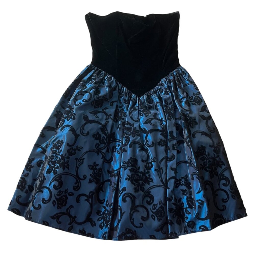 Vtg Gunne Sax Women's 9/10 Strapless Dress Black Velour Blue Floral Whimsigoth